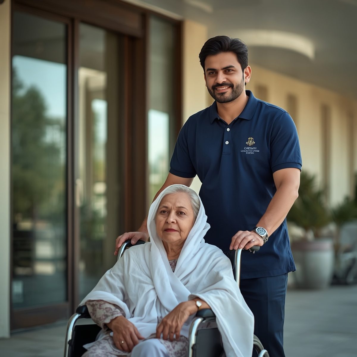 Professional verified Carer assisting elderly Pakistani woman in wheelchair outside hospital, elder care service Pakistan