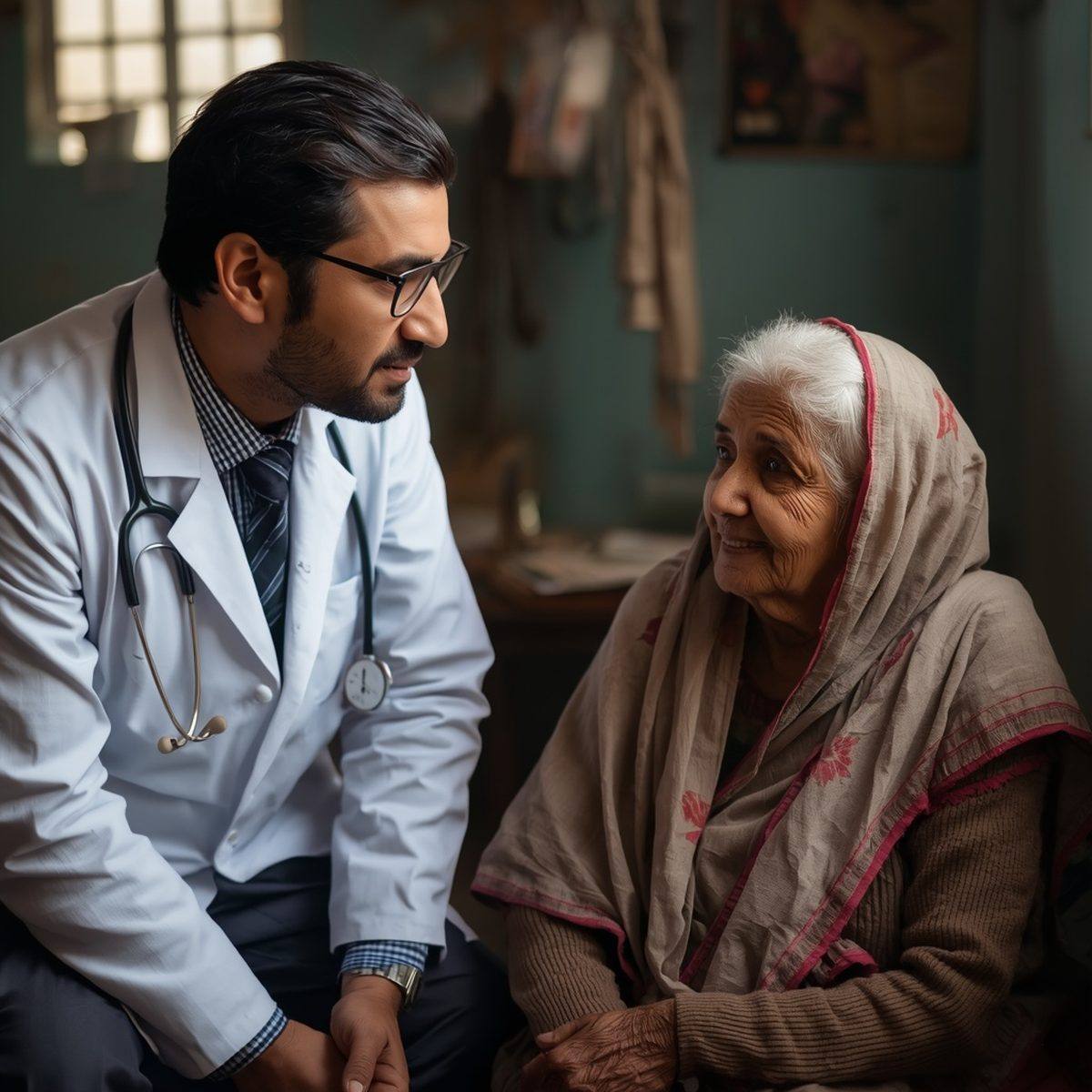 Pakistani doctor providing emergency care to elderly patient at home, 24/7 emergency response service Pakistan