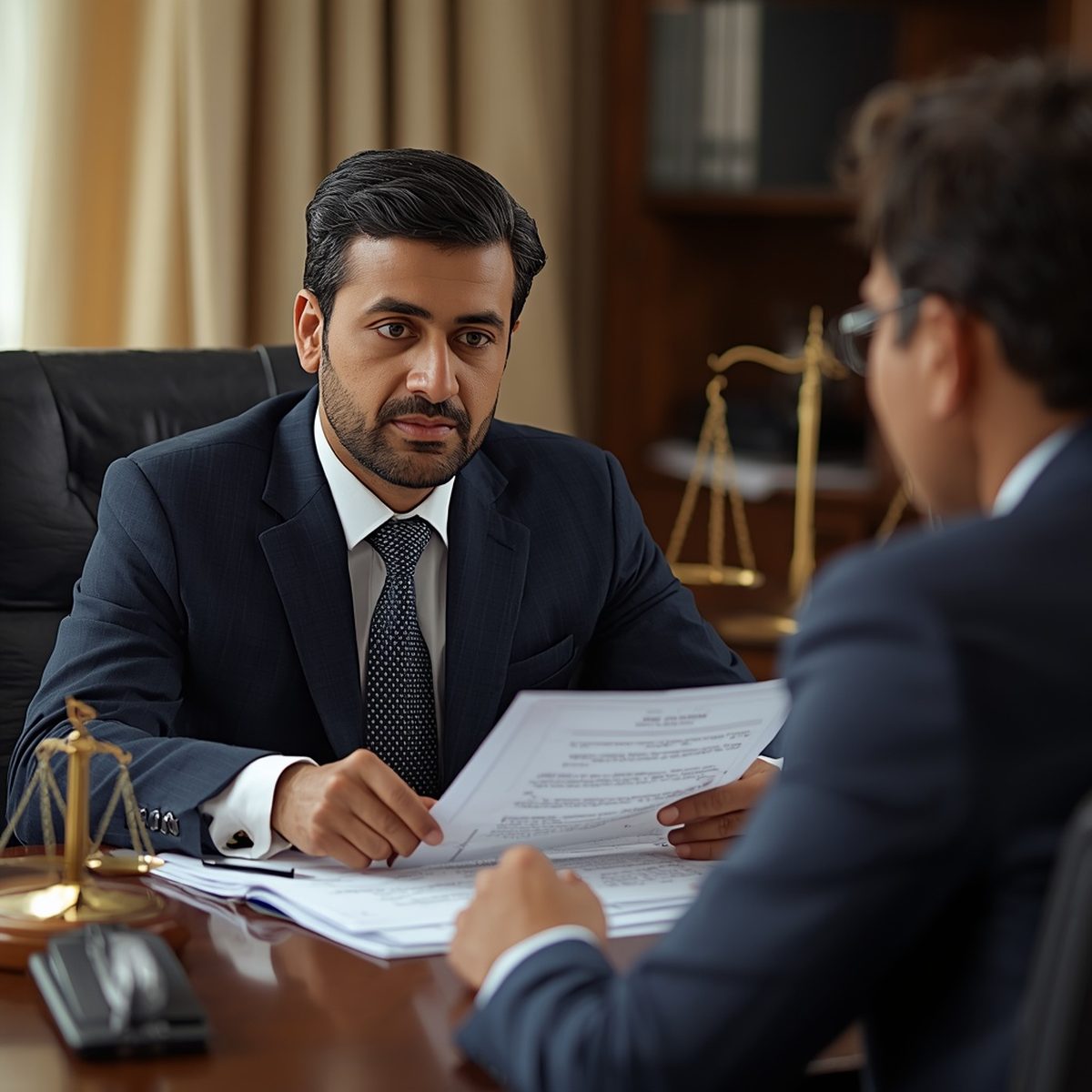 Pakistani lawyer reviewing legal documents with client, professional legal assistance service Pakistan